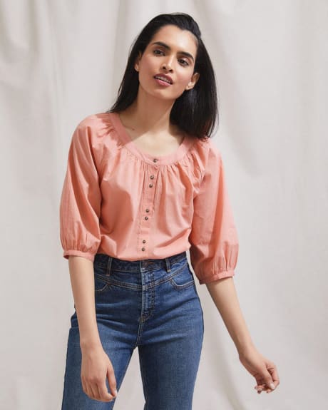 Puffy 3/4 Sleeves Popover Blouse with Buttoned Front