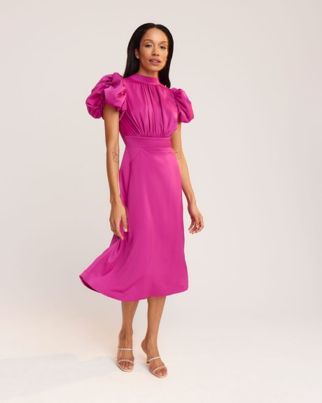 Puffy Short Sleeve Satin Cocktail Dress with Back Detail