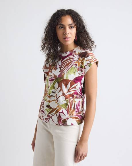 Haut à Manches Très Courtes à Col Rond en Mélange de Lin