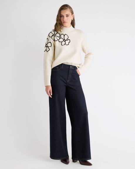 Long-Sleeve Mock-Neck Sweater with Embroidered Pattern