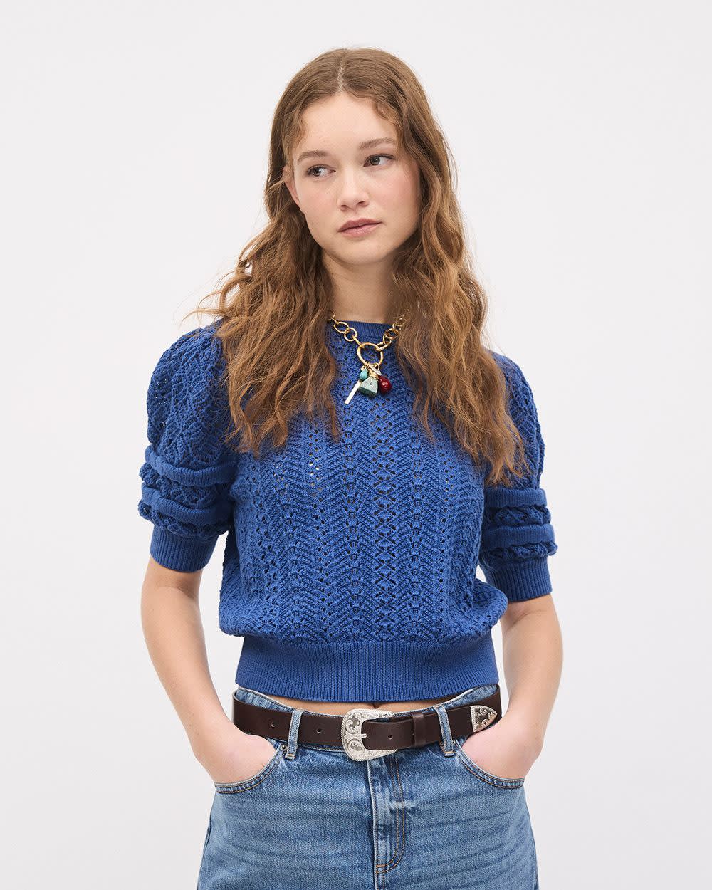 Puffy-Elbow-Sleeve Crew-Neck Sweater with Pointelle Stitches