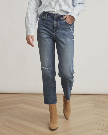Medium Wash High-Waist Straight Ankle Jeans with Ripped Hem - 27"