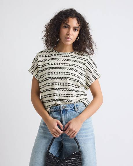 Striped Extended-Sleeve Crew-Neck Crochet Top