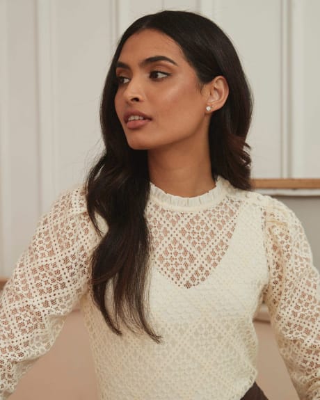 Long Puffy Sleeve Lace Top with Neck Frills