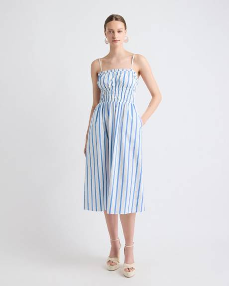 Striped Sleeveless Fit-and-Flare Poplin Midi Dress with Smocked Top