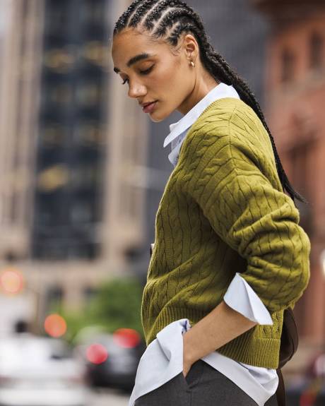 Long-Sleeve V-Neck Cable-Stitch Merino-Blend Sweater