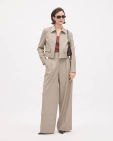 Pantalon Taupe &agrave; Jambe Large et Taille Haute