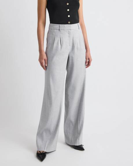 Pantalon en Lin Gris &agrave; Jambe Large et Taille Haute