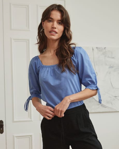 Cotton Voile Square Neck Popover Blouse with Puffy 3/4 Sleeves