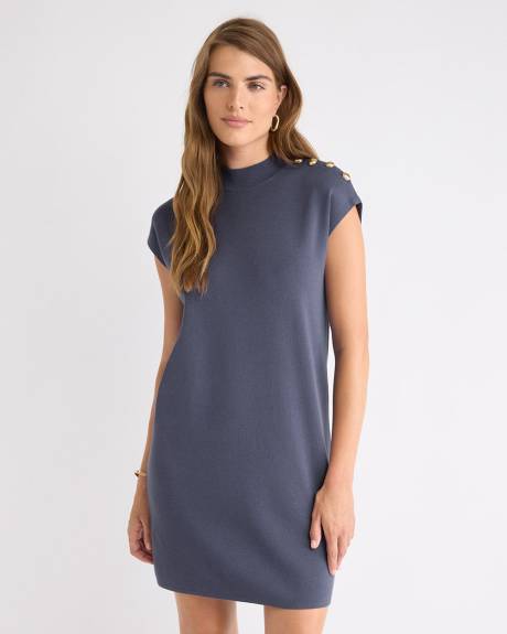 Mini-Robe à Manches Courtes et Col Montant avec Boutons sur l'Épaule