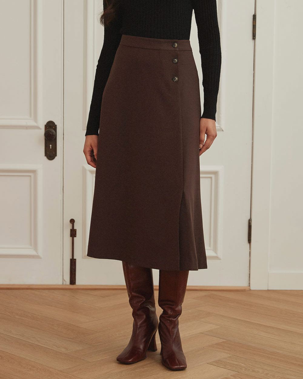 Buttoned High-Waist Faux Wrap Midi Skirt