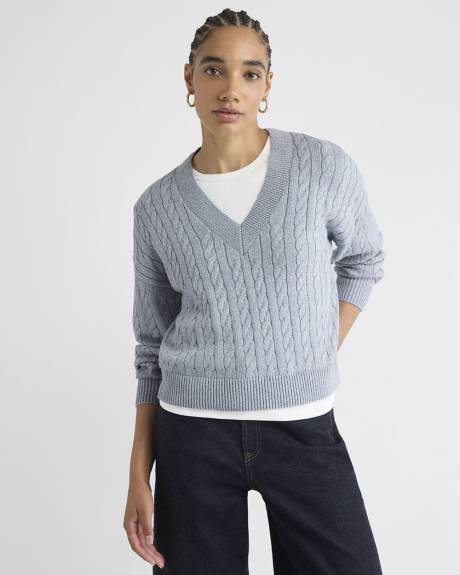 Long-Sleeve V-Neck Cable-Stitch Merino-Blend Sweater