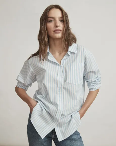 Striped Buttondown Long Sleeve Blouse with Pocket