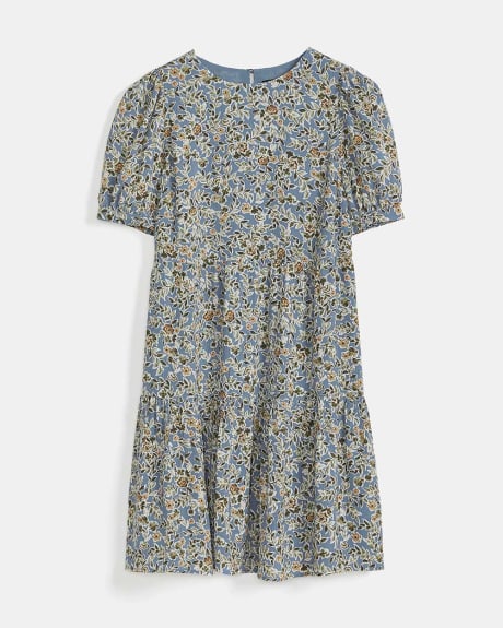 Fit & Flare Blue Floral Dress with Short Puffy Sleeves