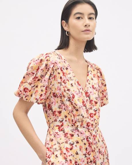 Robe Midi &agrave; Manches Courtes Bouffantes et Col V