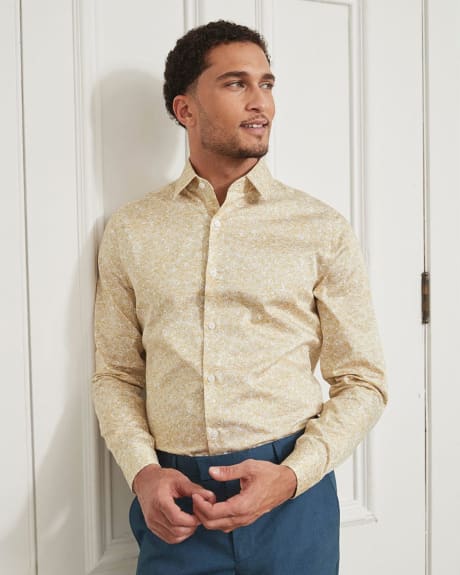 Slim Fit Mustard Dress Shirt with Tropical Pattern