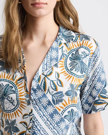 Short-Sleeve Buttoned-Down Satin Blouse