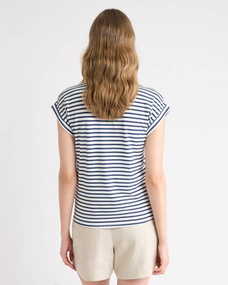 T-Shirt Rayé à Col Rond et Manches Très Courtes