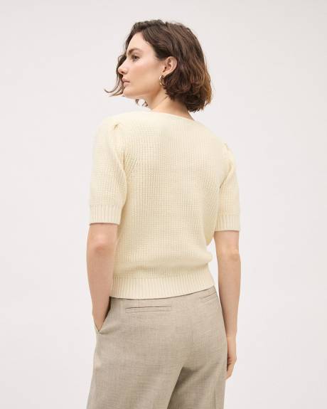 Elbow-Sleeve Square-Neck Cropped Textured Top