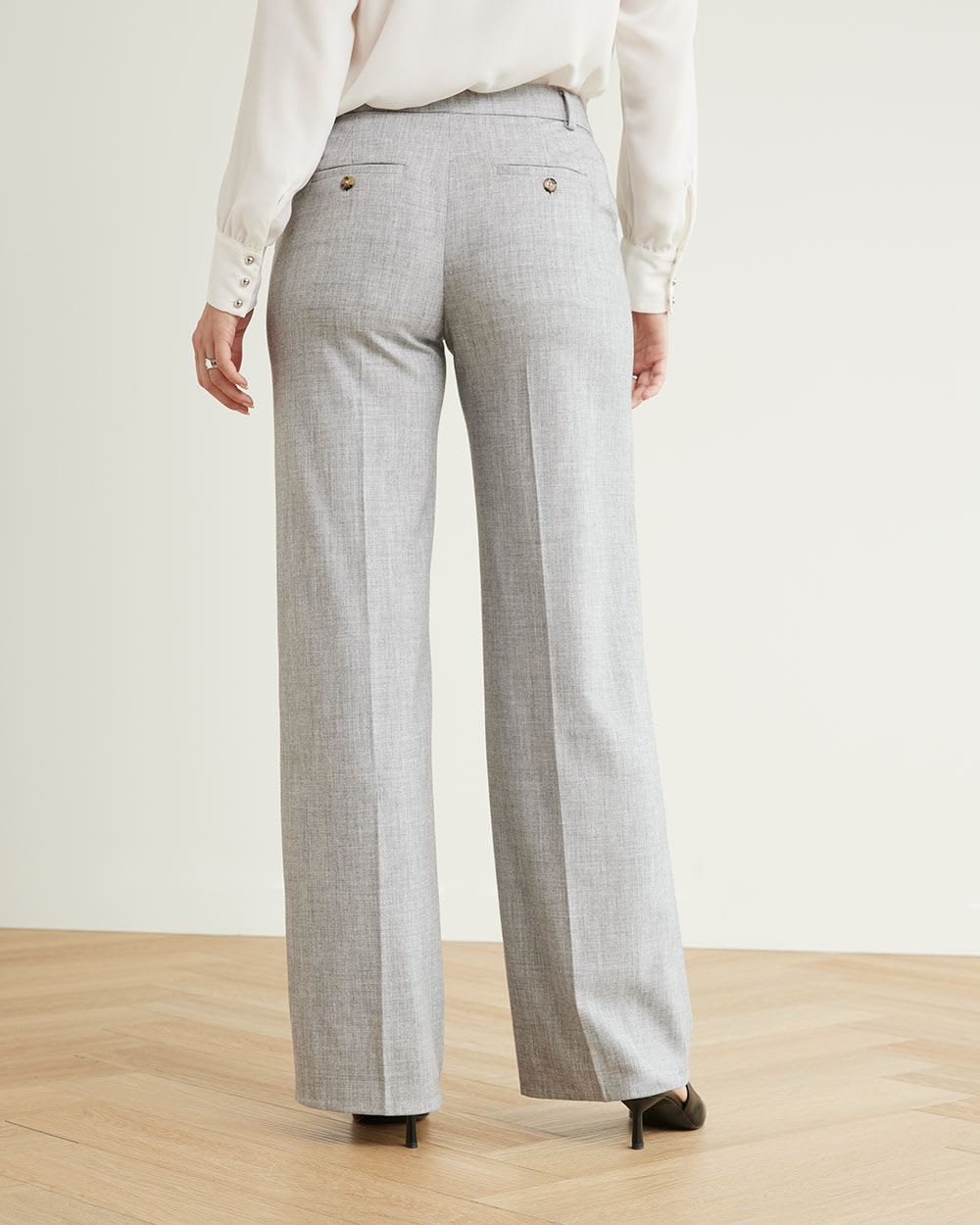 Pantalon Gris Pâle à Jambe Large et Taille Mi-Haute