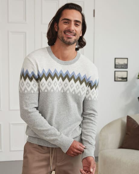Crew Neck Pullover Sweater with Nordic Pattern