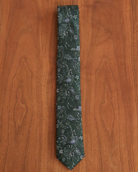 Green Skinny Tie with Floral Pattern
