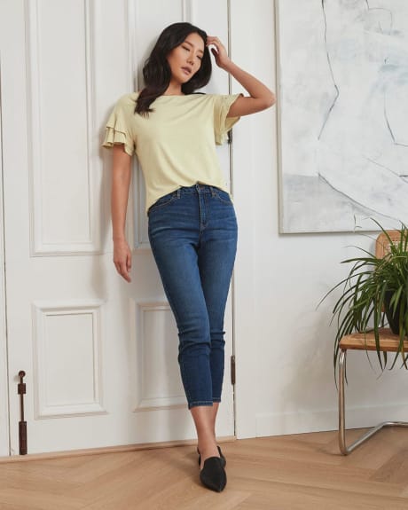 Linen Crew-Neck T-Shirt with Tiered Sleeves