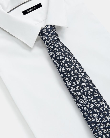 Regular Navy Tie with White Flowers