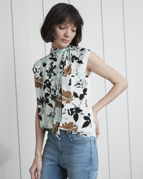 Silky Crepe Bi-Fabric Extended Shoulder T-Shirt with Neck Tie