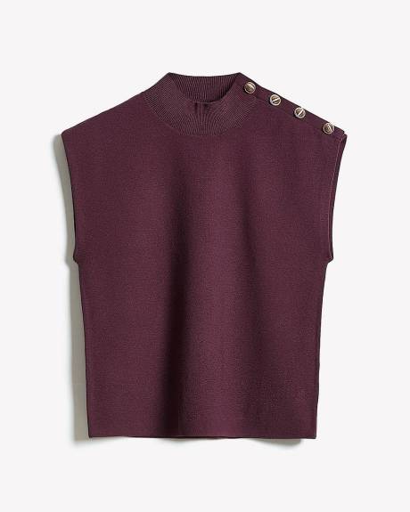 Sleeveless Mock-Neck Sweater with Buttons on Shoulder
