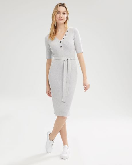 Buttoned V-Neck Fitted Dress with Belt