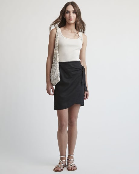 Linen Blend Faux-Wrap Mini Skirt