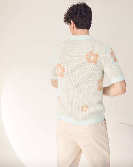 Short-Sleeve Floral Sweater with Camp Collar