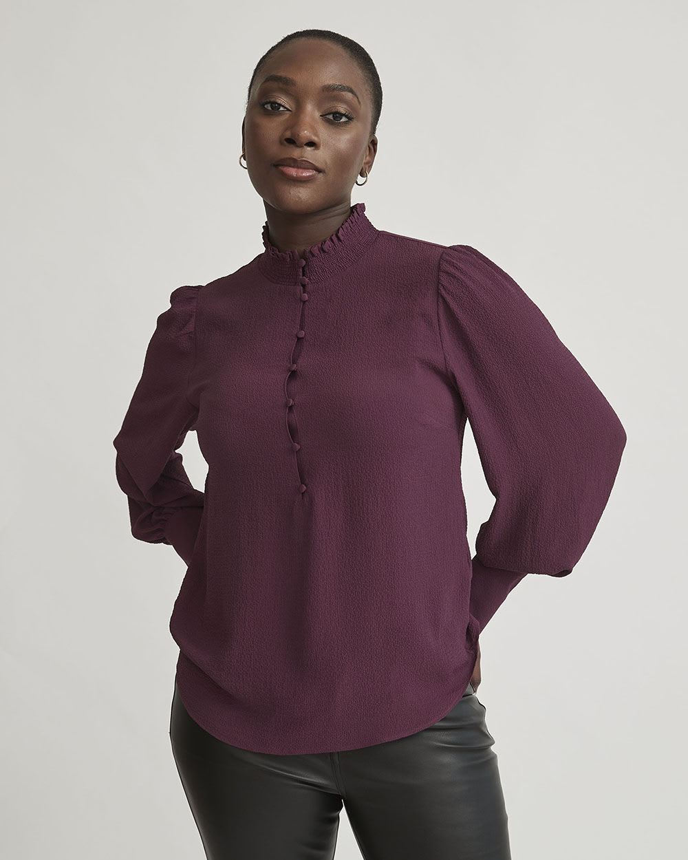 Grainy Dobby Long Sleeve Blouse with Smocking and Buttoned Neckline