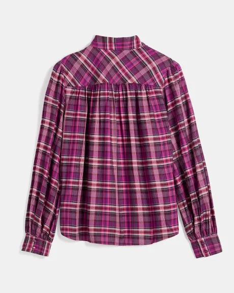 Plaid Long-Sleeve Popover Blouse with Bow Tie
