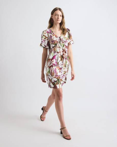 Robe Mini Droite Fluide &agrave; Manches Courtes Bouffantes et Col V