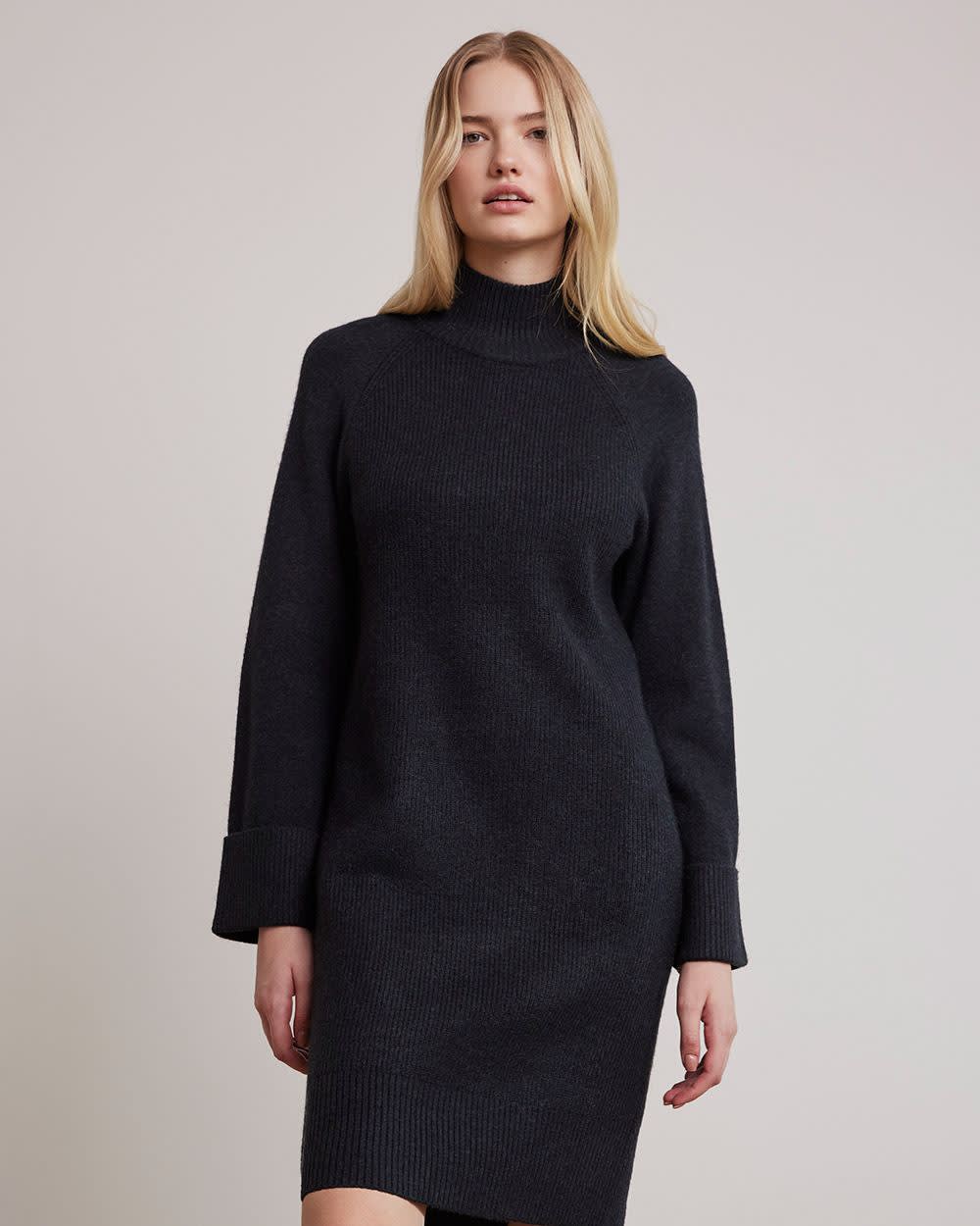 Long-Sleeve Mock-Neck Straight Dress with Ribbed Cuffs