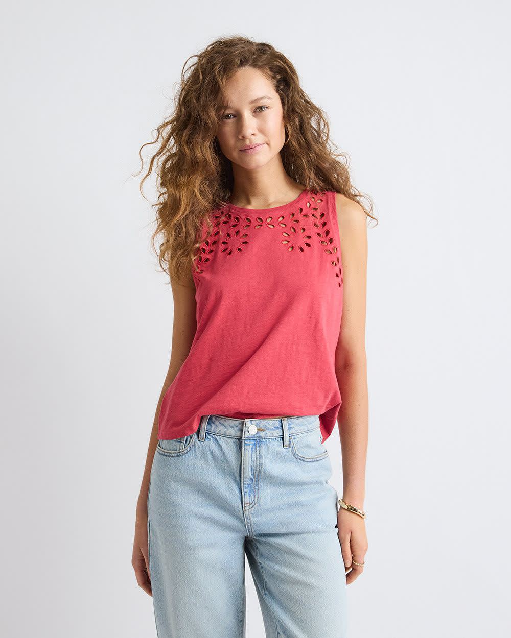 Sleeveless Crew-Neck Top with Eyelet Details
