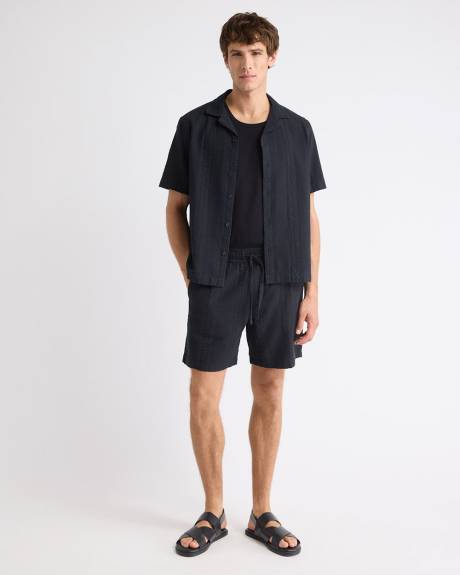 Chemise en Coton Gaufr&eacute; &agrave; Manches Courtes et Col Camp