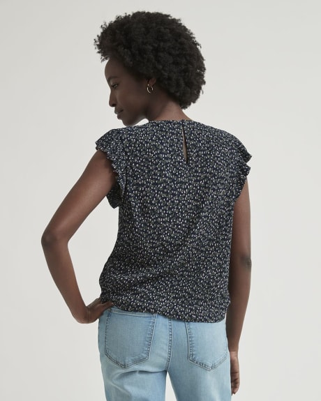 Plissé Crew-Neck Sleeveless Top with Frills at Shoulders