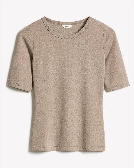 T-Shirt Ajusté à Manches aux Coudes et Col Rond