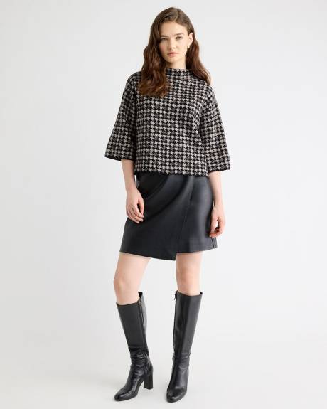 Pull Pied-de-Poule à Col Montant et Manches aux Coudes en Cloche