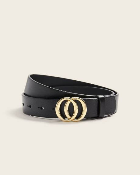 Black leather belt with double ring buckle