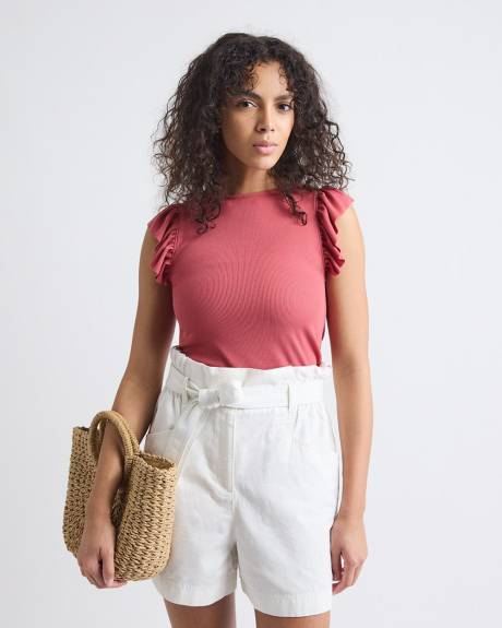 Short-Flutter-Sleeve Crew-Neck Top