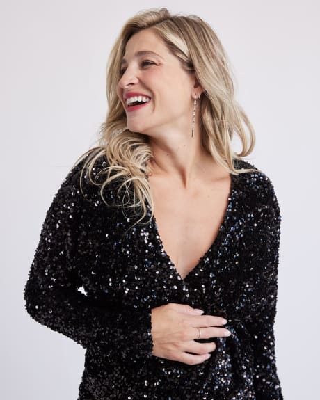 Black V-Neck Sequins Dress with Long Sleeves - Thyme Maternity