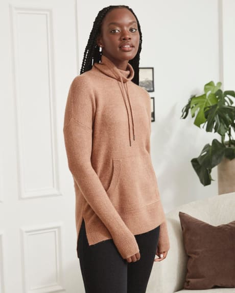 Spongy Funnel Neck Sweater with Drawstring and Pocket