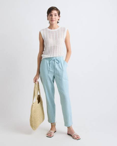 Pantalon Jogger en Lin &agrave; Taille Mi-Haute et Jambe Fusel&eacute;e