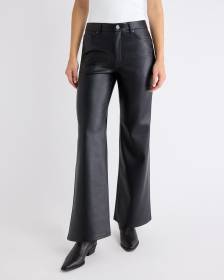 Pantalon Taille Haute en Faux Cuir à Jambe Large