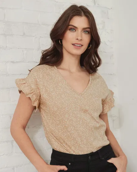 V-Neck Cap-Sleeve T-Shirt with Frills