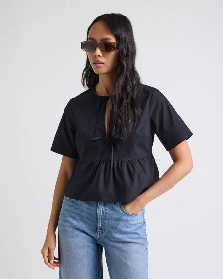 Elbow-Sleeve Peplum Blouse with Self-Ties at Front